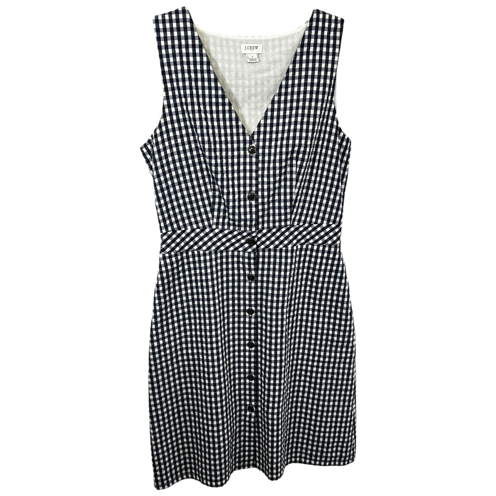 J. Crew Sz 4 Mini Dress Gingham Button Front Sleeveless Blue Academia Prep 1767 - Picture 2 of 9